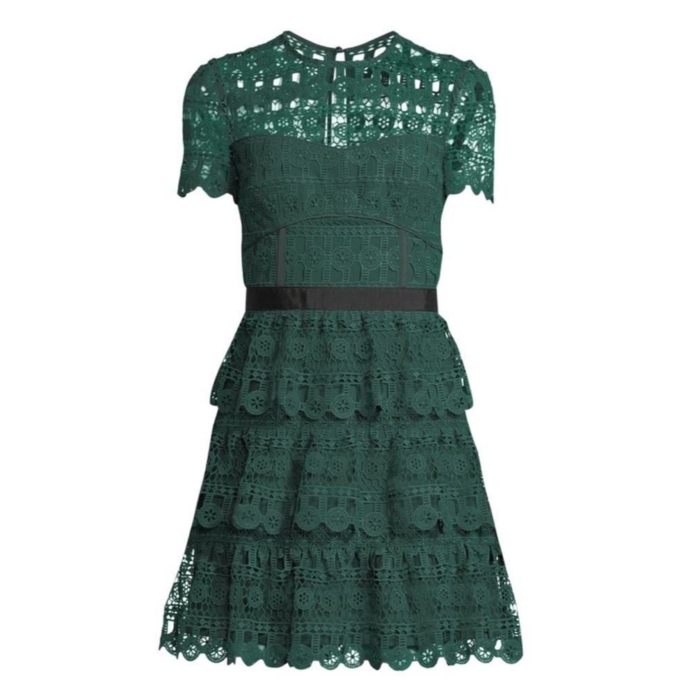 Self-Portrait Tiered Guipure Dress Small Green Lace Cocktail Party Wedding Guest